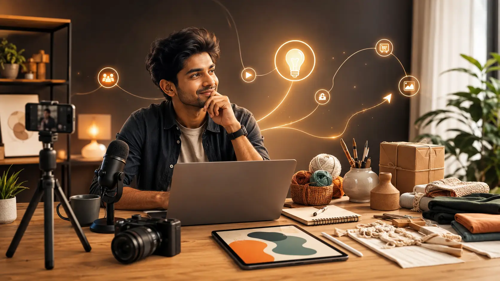 Creator exploring low-cost business ideas using digital tools, content creation, and handmade products