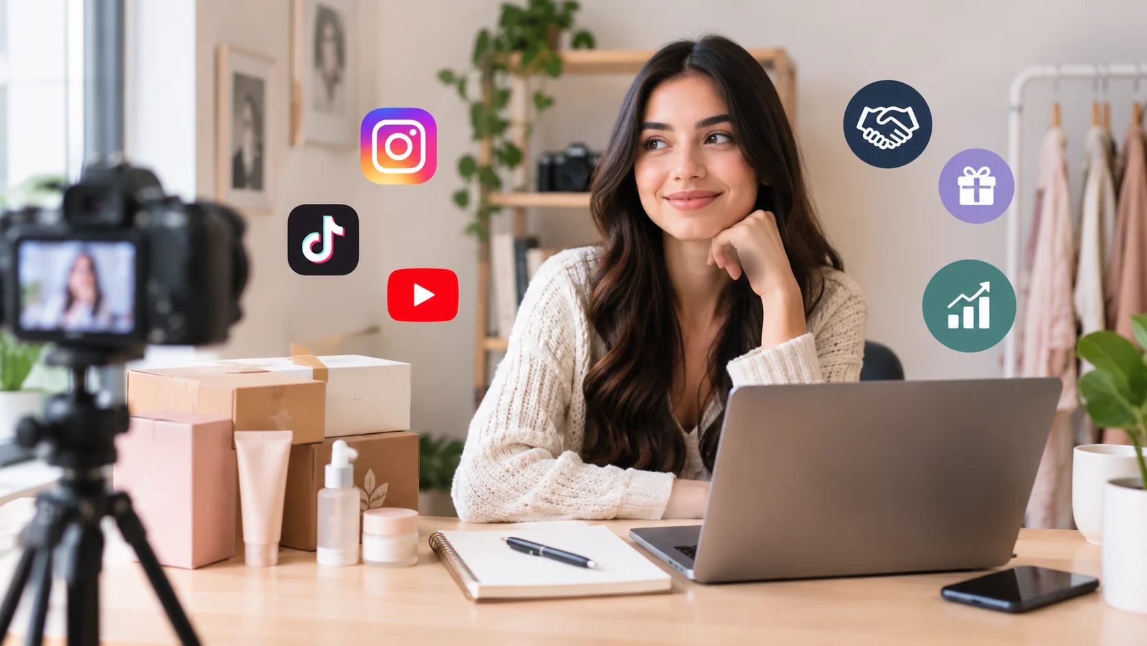 Young influencer creating content for brand partnerships, PR packages, and sponsored deals