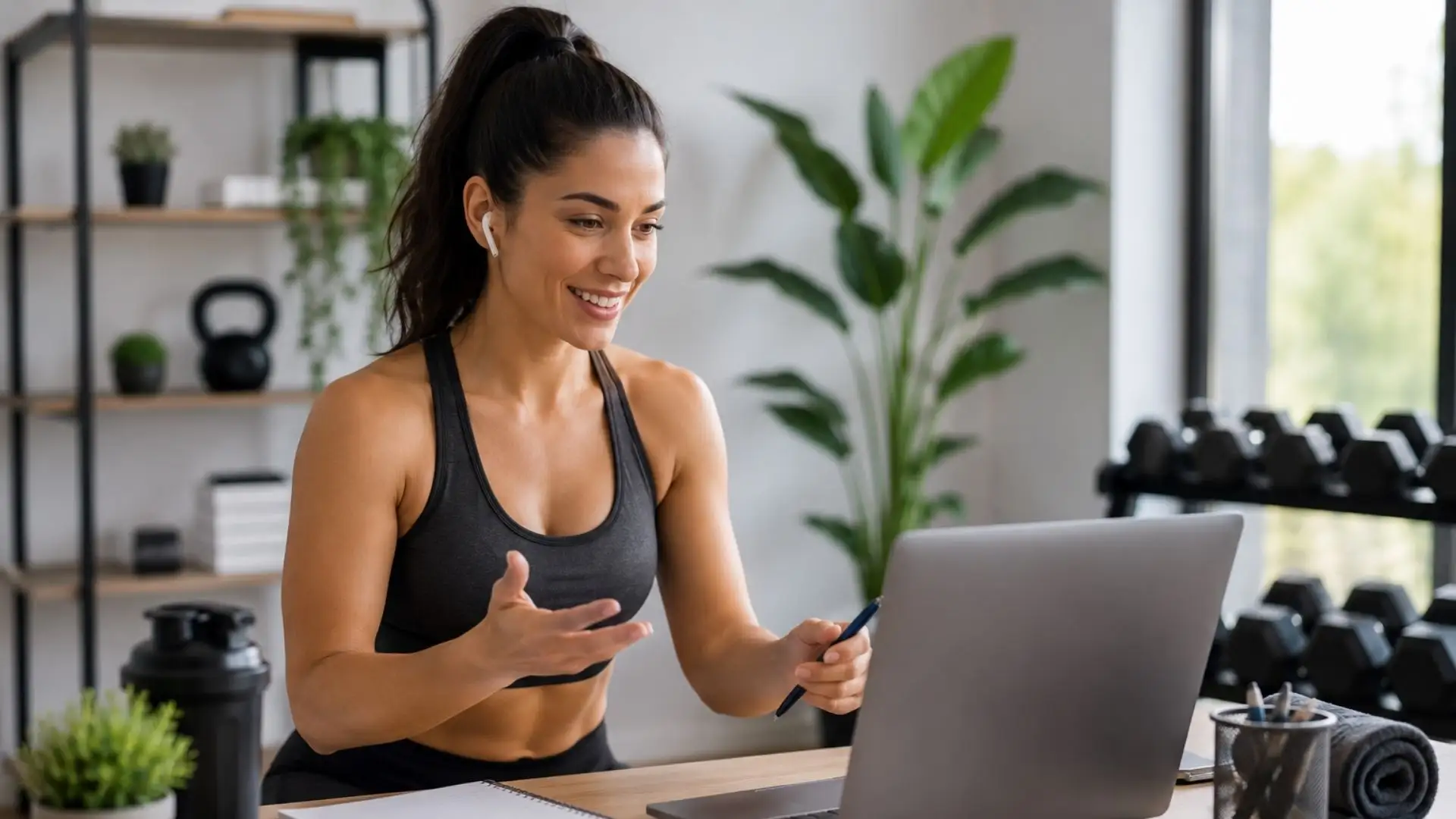 Fitness influencer offering online coaching and personalized workout plans from a home studio