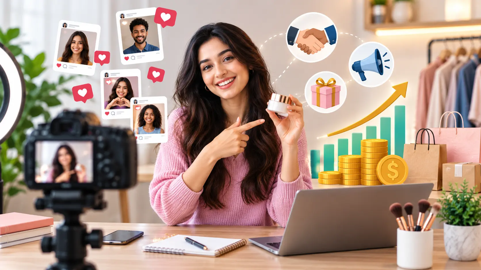 Nano influencer creating content, earning through brand deals, subscriptions, tips, and digital monetization.