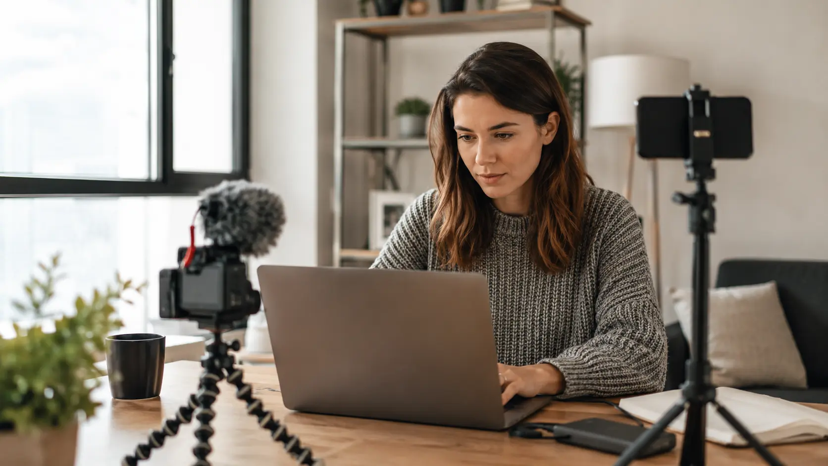 What is a digital creator working on a laptop with a camera, microphone, and smartphone in a home studio.
