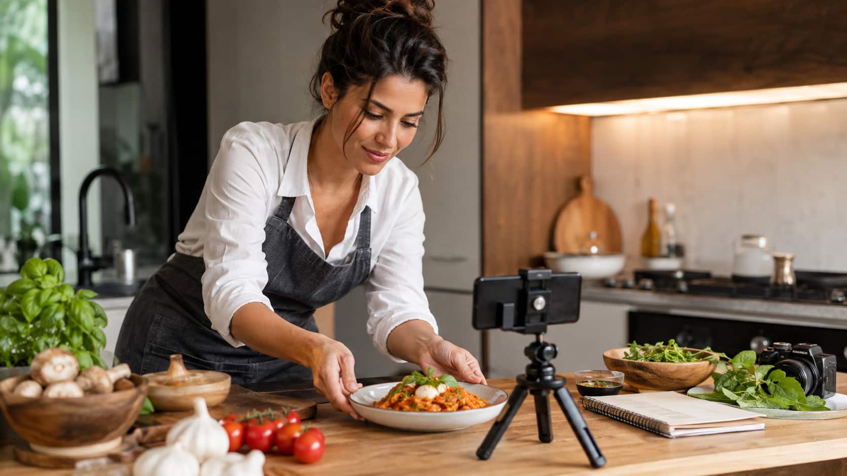 Food content creator filming a recipe video in a modern kitchen